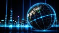 Digital world map, globe, concept of global connection, network and data transfer, technology and telecommunication Royalty Free Stock Photo