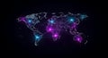 Digital world map with glowing cities and interconnected lines representing a global communication network. Royalty Free Stock Photo