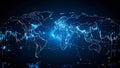 Digital world map with glowing connections and data visualization against a dark background. Royalty Free Stock Photo