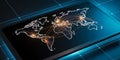 Digital world map with glowing connections displayed on a dark screen global network Royalty Free Stock Photo