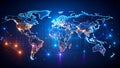 Digital world map with glowing connections, representing global network and technology. Royalty Free Stock Photo