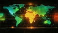 Digital World Map with Glowing Continents, Binary Code, and Data Visualizations on a Grid Background Royalty Free Stock Photo
