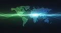 Digital world map with glowing lines representing global network connections and data flow Royalty Free Stock Photo