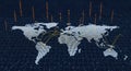 Digital world map with glowing yellow connection lines showing global network communication and data flow Royalty Free Stock Photo