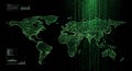 Digital world map in green, composed of binary code, symbols, and circuitry patterns. Royalty Free Stock Photo