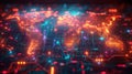 Digital world map with neon lights - generative ai Royalty Free Stock Photo
