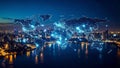 Digital world map overlaying a cityscape at night, representing global connectivity and data. Royalty Free Stock Photo