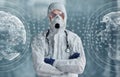 Digital world map on picture. Male doctor scientist in lab coat, defensive eyewear and mask standing indoors