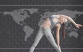 Digital world map on picture. Young woman with slim body shape in sportswear have fitness day indoors