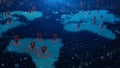 Digital world map with red location pins marking various points across continents, symbolizing global tracking, network coverage,