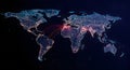 Digital World Map Showing Global Network Connectivity, Data Flow, and Urban Light Grids Representing Modern Infrastructure Royalty Free Stock Photo