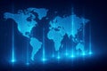Digital World Map with Vertical Blue Light Beams on Grid Background earth global Royalty Free Stock Photo