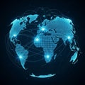 Digital world map visualization in a blue color scheme shows continents Royalty Free Stock Photo