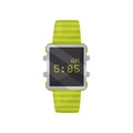 Digital wrist watch with bright green bracelet and black square display. Modern device. Flat vector icon