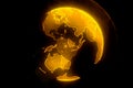 Digital yellow planet of Earth. Globe with shining continents. 3D illustration with digital Earth and particles