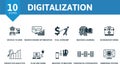 Digitalization set. Creative icons: vehicle to grid, search engine optimization, pull economy, machine learning, 3d