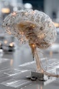 Digitalization of thinking and automation of brain function. Human brain with wires and sensors.