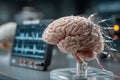 Digitalization of thinking and automation of brain function. Human brain with wires and sensors.