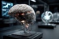 Digitalization of thinking and automation of brain function. Human brain with wires and sensors.