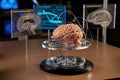 Digitalization of thinking and automation of brain function. Human brain with wires and sensors.