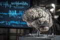 Digitalization of thinking and automation of brain function. Human brain with wires and sensors.