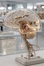Digitalization of thinking and automation of brain function. Human brain with wires and sensors.