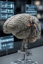 Digitalization of thinking and automation of brain function. Human brain with wires and sensors.