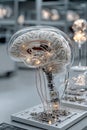 Digitalization of thinking and automation of brain function. Human brain with wires and sensors.