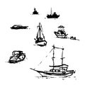 Digitalized sketches - various boats drawn in Bodrum on plain air. Brushpen and india ink Royalty Free Stock Photo