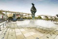 Digitally altered view of exterior view of water fountain on plaza in front of Dorothy Chandler Pavilion and Music Center in