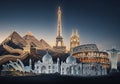 A digitally composed collage featuring iconic global landmarks. Visible structures include the Royalty Free Stock Photo