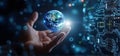 Digitally Connected Global Sphere in Outstretched Hand with Floating Worldmap
