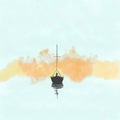 Digitally created abstract watercolour in pastel colors of sailing boat on misty lake for use as background