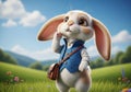 A digitally created anthropomorphic rabbit is shown standing on a grassy field under a Royalty Free Stock Photo