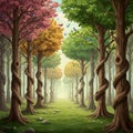 A digitally created forest scene features tall trees with swirling trunks. The foliage Royalty Free Stock Photo