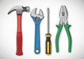 A digitally created illustration showcasing four common tools: a Royalty Free Stock Photo