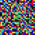 Abstract Mosaic Portrait in Primary Colors with Pixelated Geometric Patterns