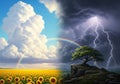 A digitally created image contrasts two weather scenes side by side Royalty Free Stock Photo