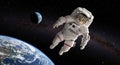 A digitally created image depicts a cat in an astronaut suit floating in space