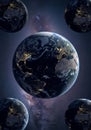 A digitally created image of Earth shows five Earth-like planets scattered against a Royalty Free Stock Photo