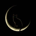 A digitally created image features a black cat with glowing green eyes sitting atop a crescent moon Royalty Free Stock Photo