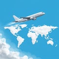 A digitally created image features a commercial airplane flying over a stylized map of Royalty Free Stock Photo