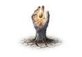 A digitally created image features a hand made of earth and roots, emerging from parched, cracked Royalty Free Stock Photo
