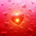 A digitally created image features numerous glossy red hearts floating against a pink and red Royalty Free Stock Photo