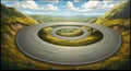 A digitally created image features a surreal, concentric spiral highway set in a Royalty Free Stock Photo