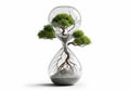 A digitally created image featuring an hourglass, where the sand is replaced by a tree with green Royalty Free Stock Photo