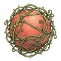 A digitally created image featuring a large, textured red sphere encircled by intricate Royalty Free Stock Photo