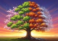 A digitally created image of a large tree representing the four seasons. The tree\'s foliage is divided into quadrants: pink bloss Royalty Free Stock Photo
