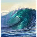 A digitally created image of an ocean wave, capturing a dynamic curl in aqua and teal
