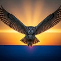 A digitally created image of an owl in flight against a dramatic Royalty Free Stock Photo